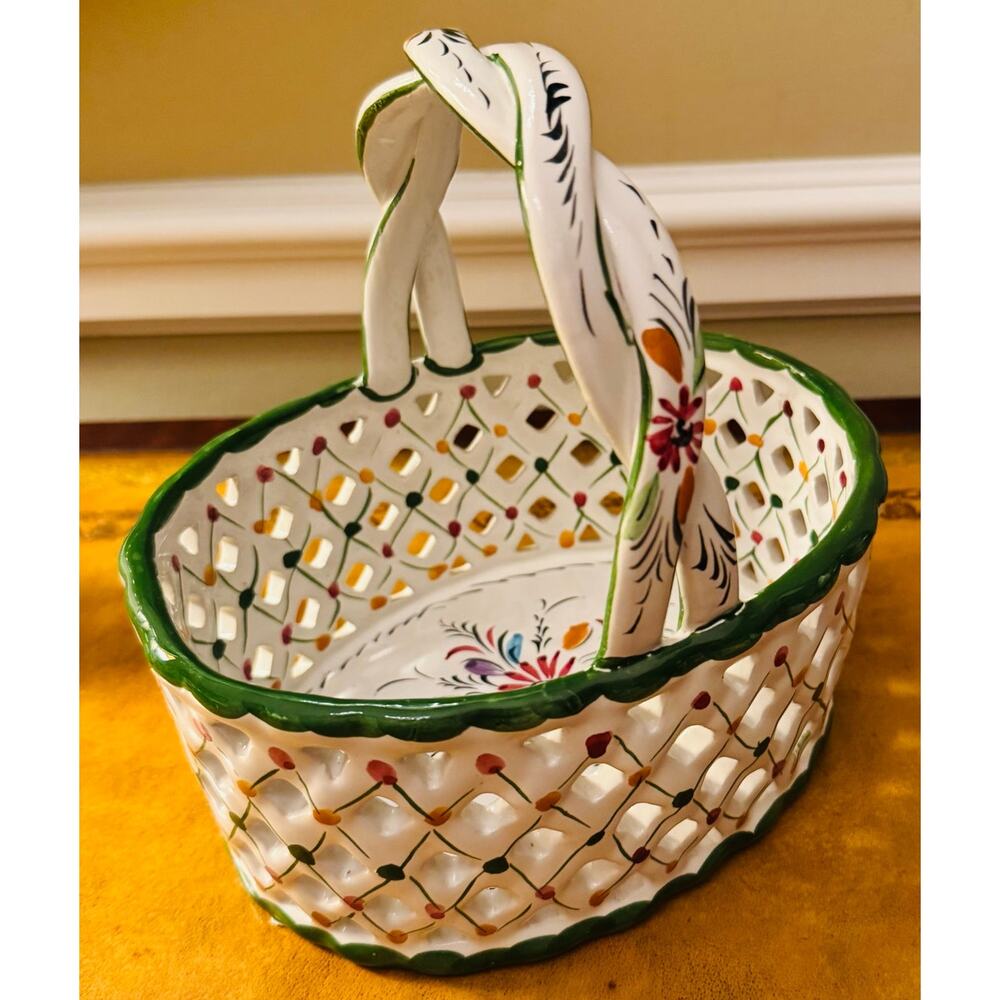 RC & Cal Juncal Porto De Mos Hand Painted Floral Lattice Ceramic Basket Portugal